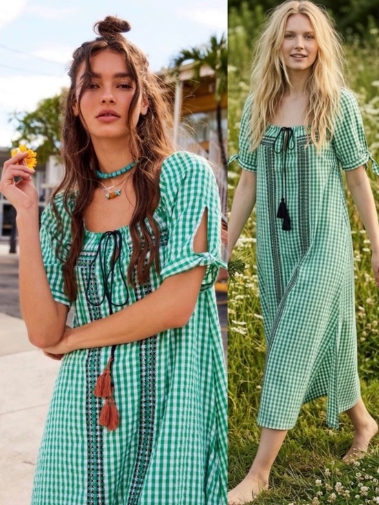 Free People Dresses & Skirts - Free People Bohemian Embroidered Gingham Seersucker Cass Maxi Dress Green Small